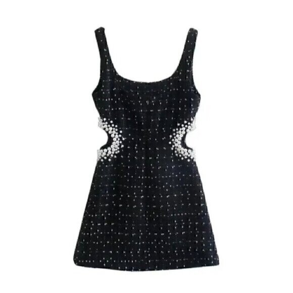 Black Texture Tweed  Weave Cutout Mini Dress With Faux Pearls L - Picture 6 of 16